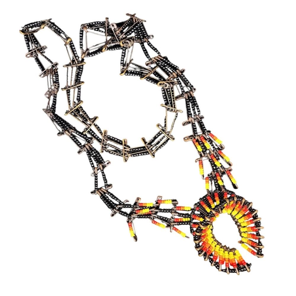 Boho Luxe Squash Blossom‎ Necklace Orange Brown Bead Vintage Artisan